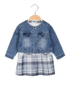 Completo 2 Pezzi Da Neonata Con Vestito + Giacca In Jeans - Azzurro