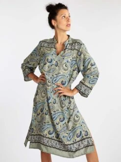 Vestito A Tunica In Seta Con Stampe - Acqua Marina