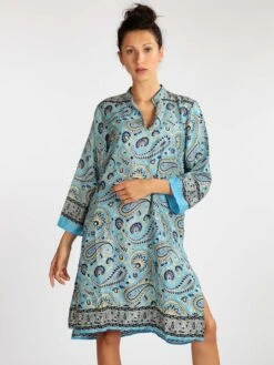 Vestito A Tunica In Seta Con Stampe - Azzurro