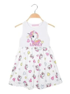 Vestito Con Stampa Unicorni E Paillettes - Bianco