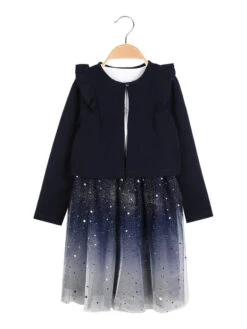 Vestito Con Tulle Da Bambina + Coprispalle - Blu Scuro