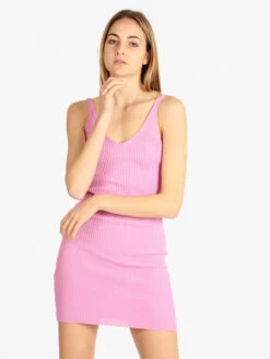 Vestito Corto Donna In Maglia A Costine - Rosa