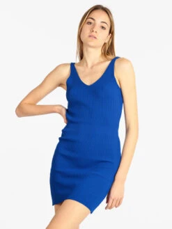 Vestito Corto Donna In Maglia A Costine - Blu