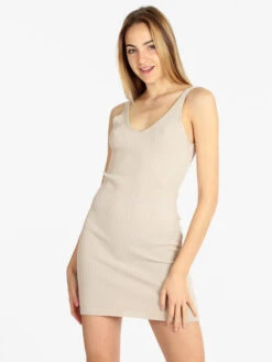 Vestito Corto Donna In Maglia A Costine - Beige