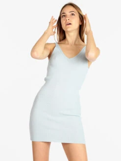 Vestito Corto Donna In Maglia A Costine - Azzurro