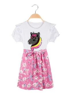 Vestito Da Bambina A Maniche Corte Con Paillettes - Rosa