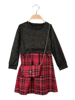 Vestito Da Bambina Scozzese A Manica Lunga - Grigio Scuro