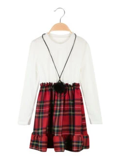 Vestito Da Bambina Scozzese A Manica Lunga - Bianco