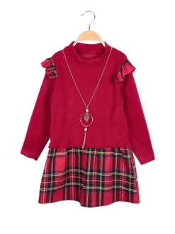 Vestito Da Bambina Scozzese Con Collana - Rosso