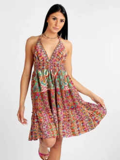 Vestito Donna Accollato In Seta - Fucsia