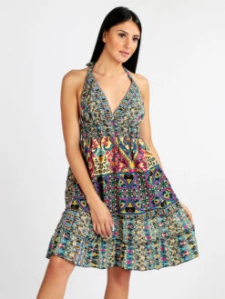 Vestito Donna Accollato In Seta - Blu