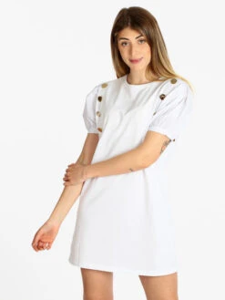 Vestito Donna Con Maniche Corte A Palloncino - Bianco