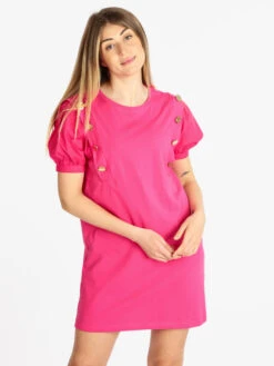 Vestito Donna Con Maniche Corte A Palloncino - Fucsia