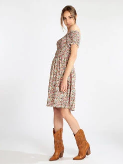 Vestito Donna Floreale A Maniche Corte - Beige