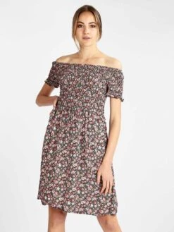 Vestito Donna Floreale A Maniche Corte - Blu Scuro