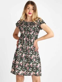 Vestito Donna Floreale A Maniche Corte - Nero