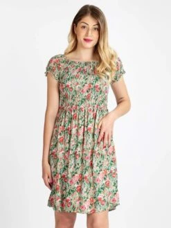 Vestito Donna Floreale A Maniche Corte - Verde Chiaro