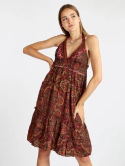 Vestito Donna In Seta Accollato - Fucsia