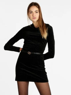 Vestito Donna In Velluto Con Cintura - Nero