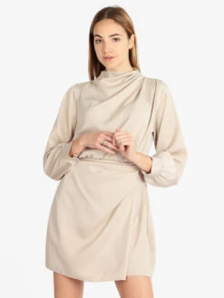 Vestito Donna Manica Lunga Effetto Raso - Beige