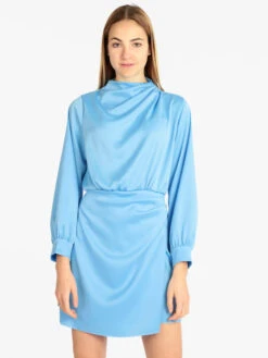 Vestito Donna Manica Lunga Effetto Raso - Azzurro