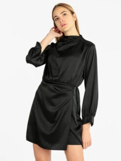 Vestito Donna Manica Lunga Effetto Raso - Nero
