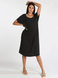 Vestito Donna Oversize A Maniche Corte - Nero
