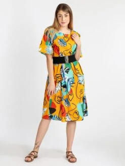 Vestito Donna Oversize In Cotone A Maniche Corte - Senape