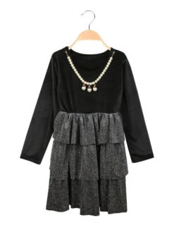 Vestito In Ciniglia Da Bambina Con Balze E Collana - Nero