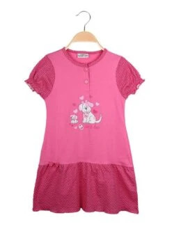 Vestito In Cotone A Maniche Corte - Fucsia