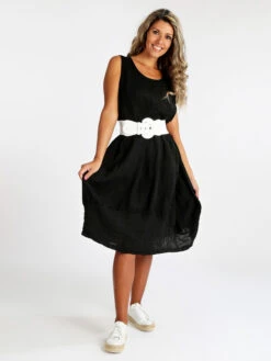 Vestito Lungo Donna In Lino Smanicato - Nero