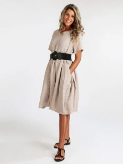 Vestito Lungo In Lino Manica Corta - Beige