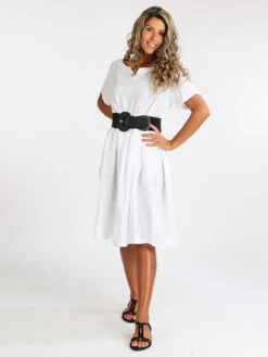 Vestito Lungo In Lino Manica Corta - Bianco