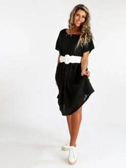Vestito Lungo In Lino Manica Corta - Nero