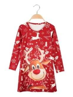 Vestito Natalizio Da Bambina A Manica Lunga - Rosso