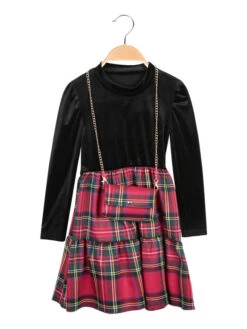 Vestito Scozzese Da Bambina Con Borsetta - Nero