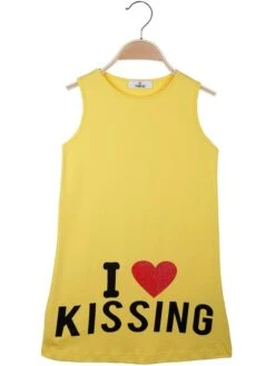 Vestito Smanicato Con Scritta E Cuore - Giallo