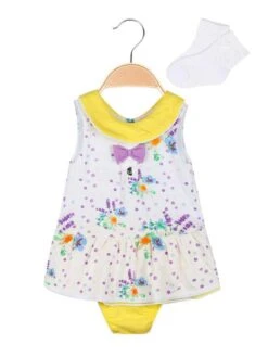 Vestito Smanicato Da Neonata Con Calzini - Giallo